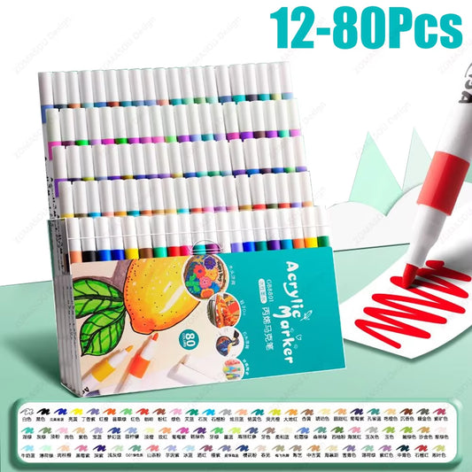 Juego De Rotuladores De Pintura Acrílica De 12-80 Colores, Marcador Artístico De Pintura, Bolígrafo De Punta Suave Para Niños, Pintura De Piedra, Pintura De Tela De Vidrio Cerámico